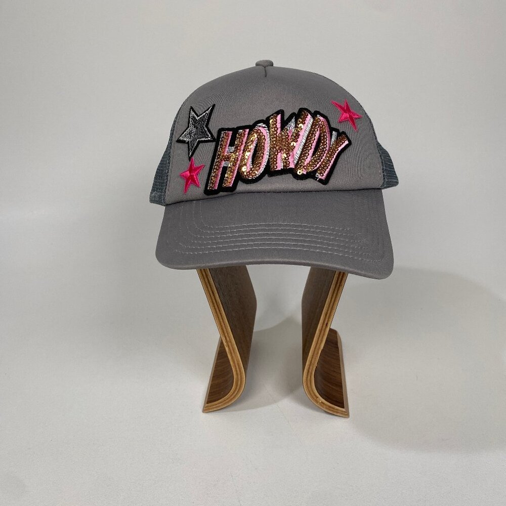 Trendy Gray "Howdy" Cowgirl Snapback Hat‎ with Sequin Patch and Stars
